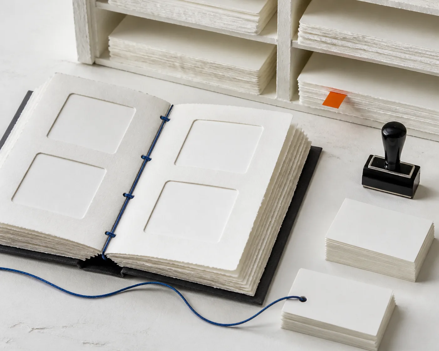A paper archive miniature with a blank scrapbook, index cards, cobalt binding thread, and an orange tab.