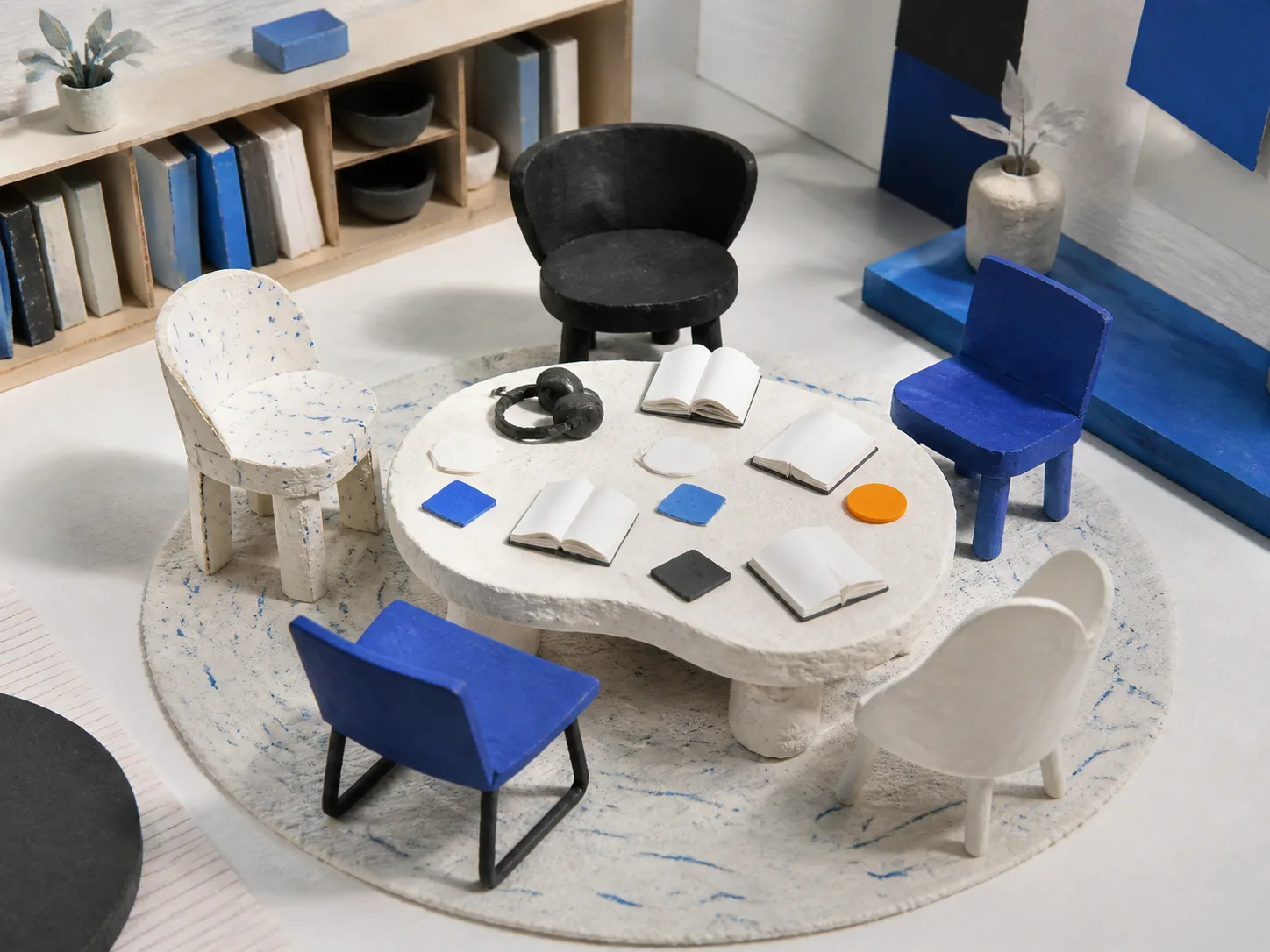 A paper-and-clay miniature conversation circle with empty chairs, blank notebooks, cards, and headphones.