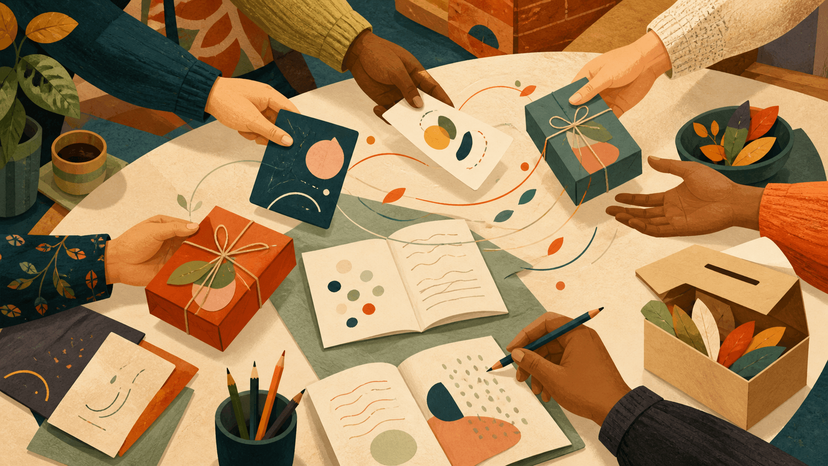 Hands share learning cards and gift parcels around a community table