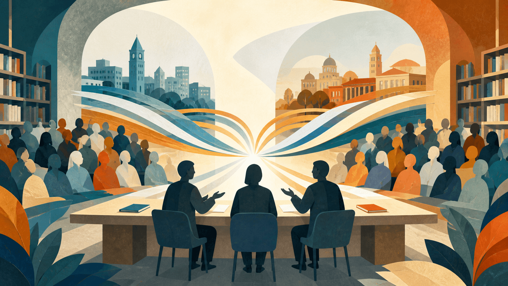 Three speakers and an audience are linked between two campus skylines