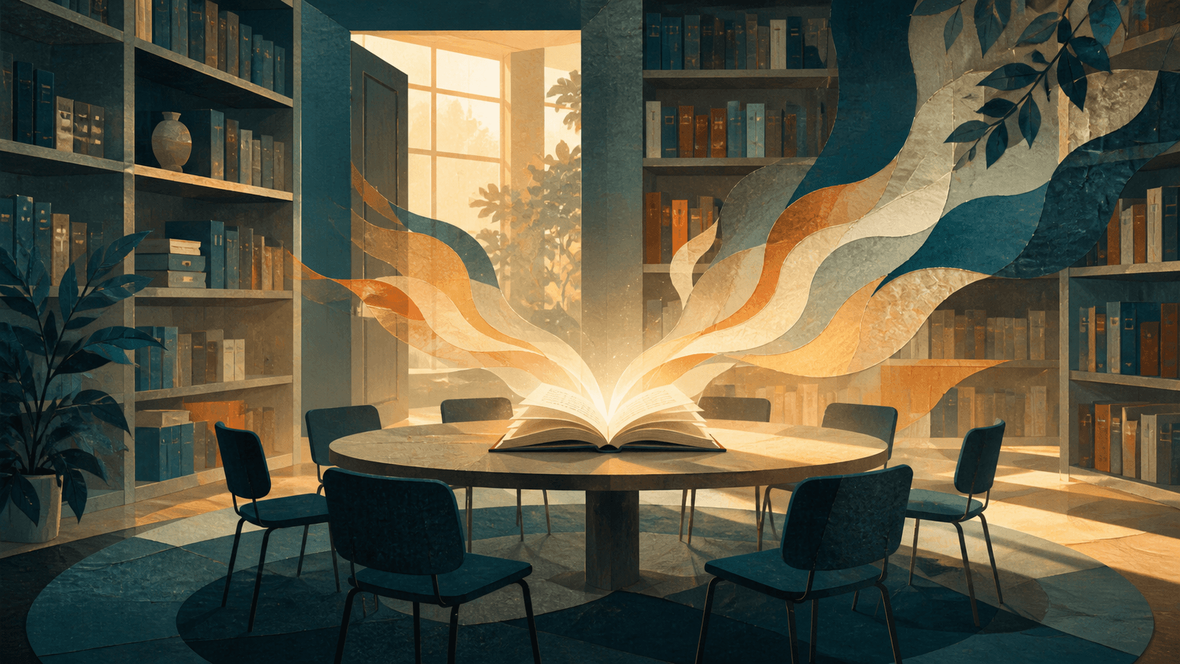 An open book lights a circle of chairs in a university library